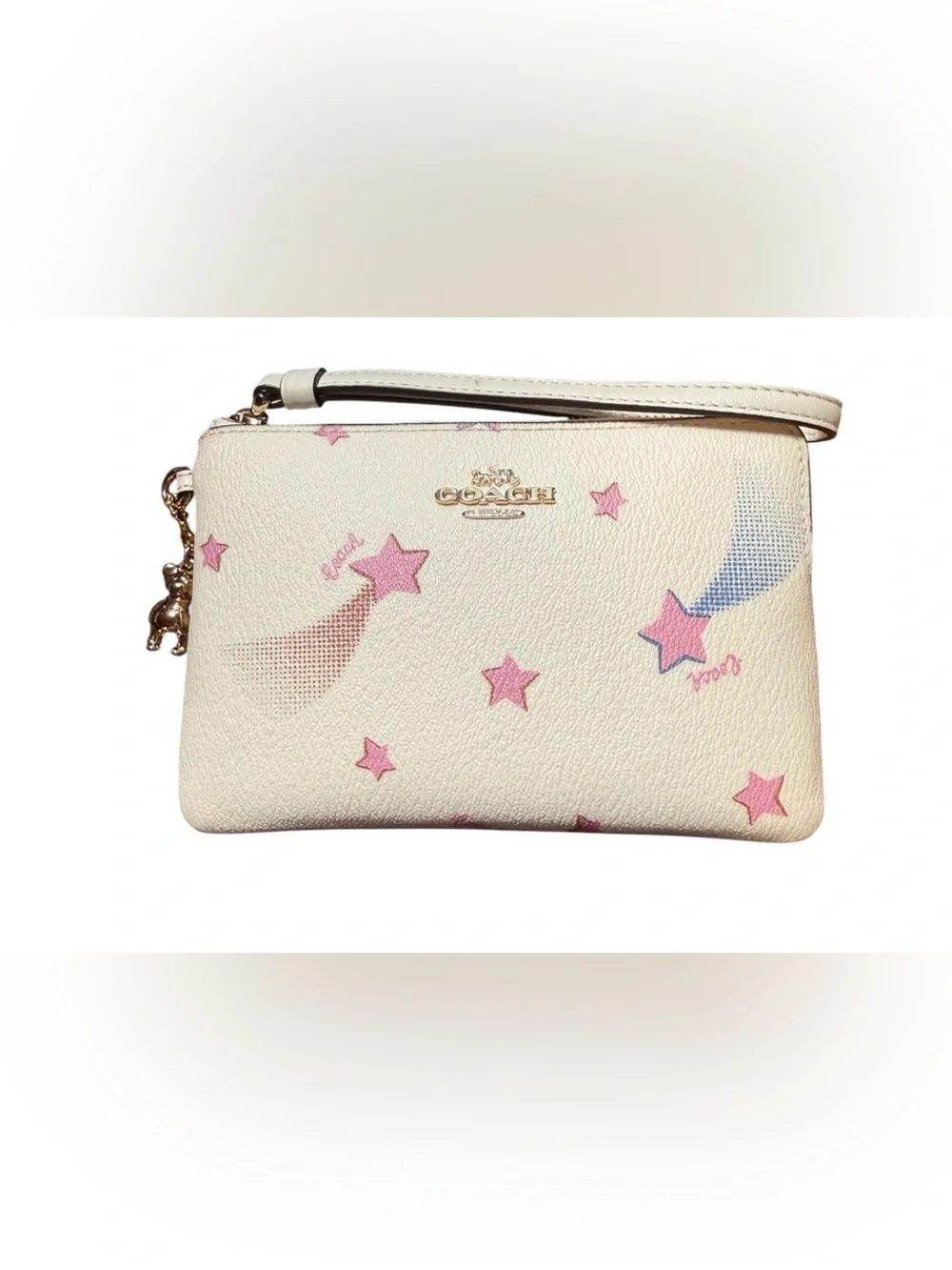 Coach Disco Star Print Cream Wristlet with Gold Coach Bear Charm & Dusty EUC